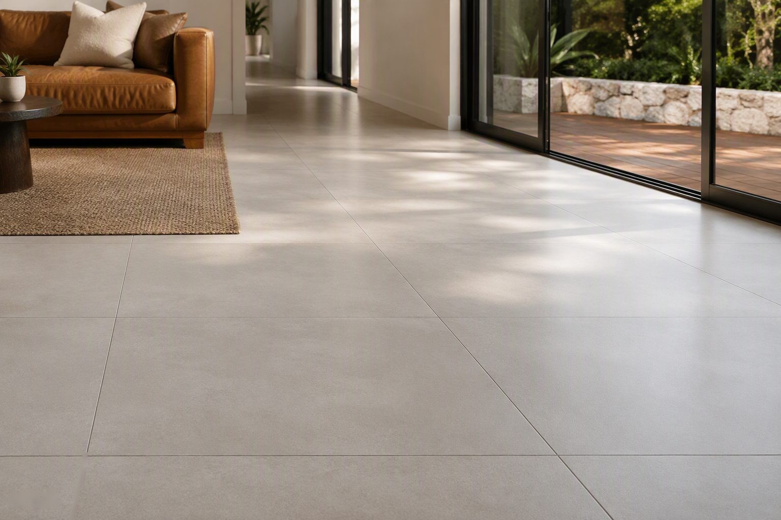 Finished large-format tiled floor with even grout lines