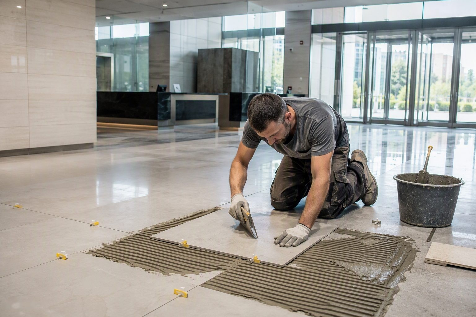 Large-format floor tiles being installed in a commercial lobby