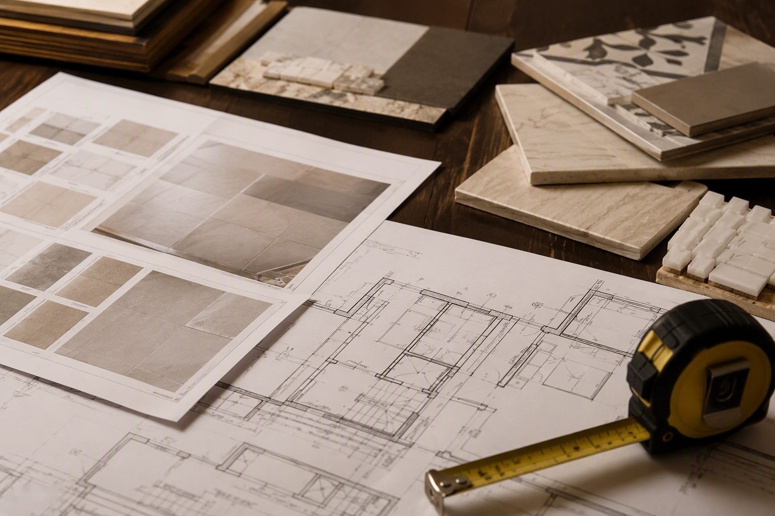 Drawings, specifications and tile samples on a project desk